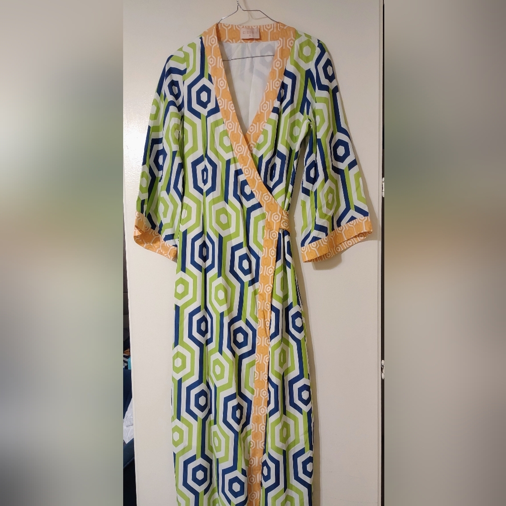 Ciebon Geometric Print Wrap Dress in Lime, Navy & Orange Trim XS